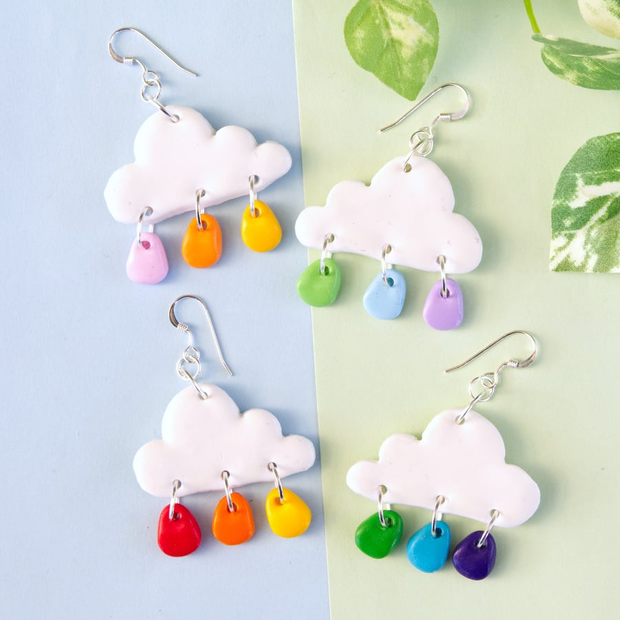 Rainbow Rain Cloud Polymer Clay Drop Dangly Earrings