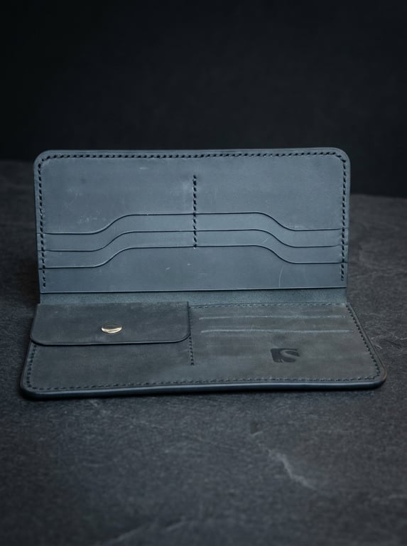 Black Full Grain Leather Long Wallet Coin Pocket Organiser Wallet Handmade UK