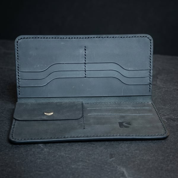 Black Full Grain Leather Long Wallet Coin Pocket Organiser Wallet Handmade UK