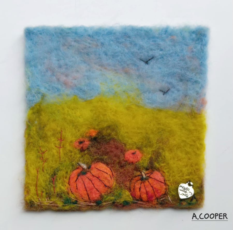 I LOVE PUMPKINS,  A Handmade,original,needle felted wool picture 
