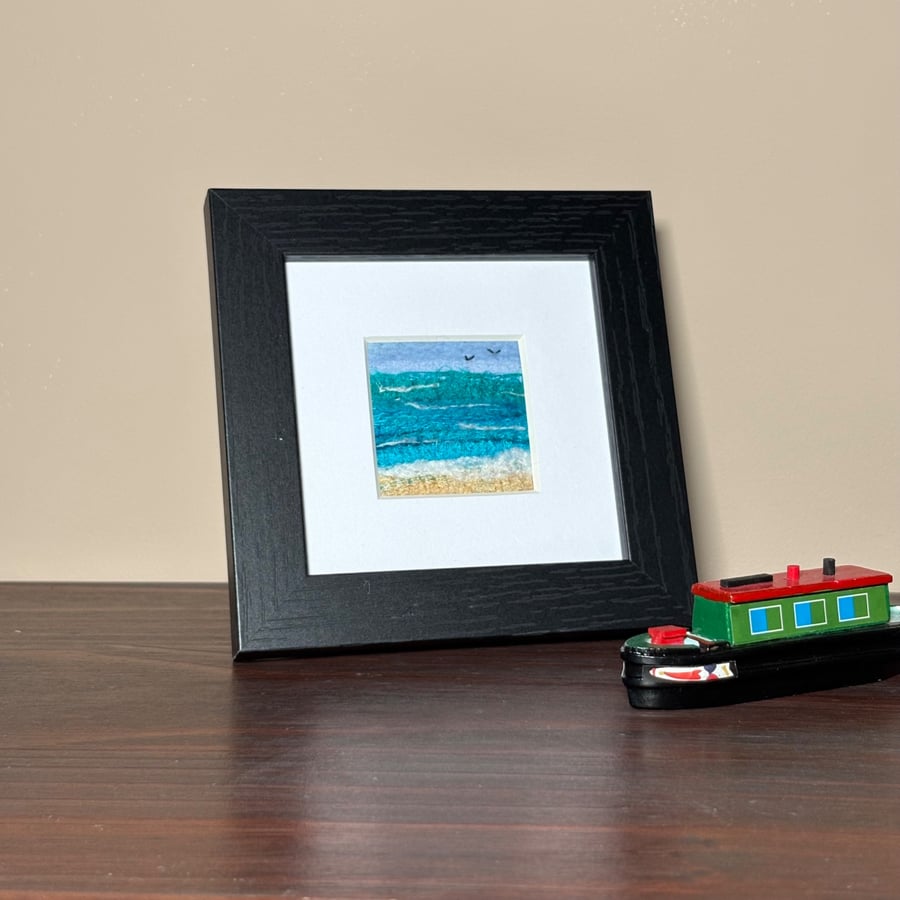 Framed textile needle felted picture, 4"x4", tranquil sea
