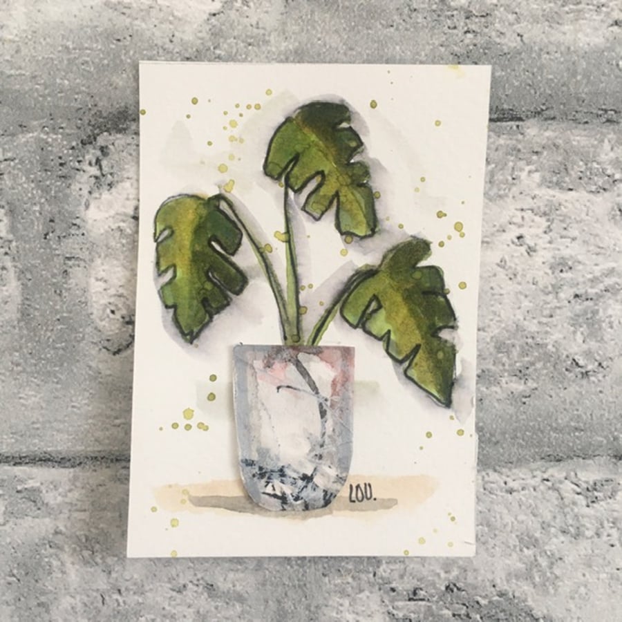 Original art ACEO in watercolour and collage house plant 