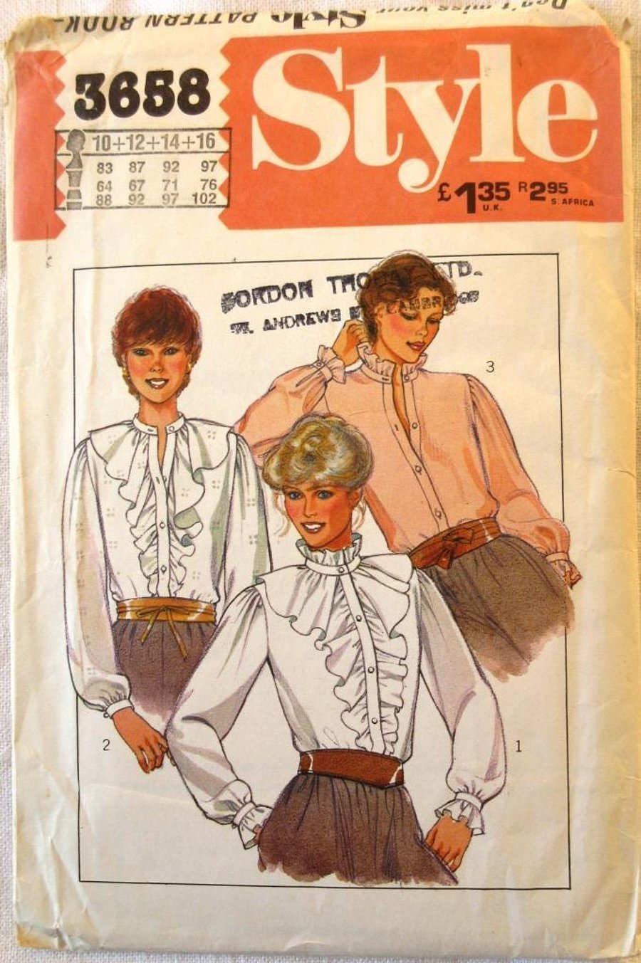 A multi-size sewing pattern for a set of misses' frilly blouses in sizes 10 - 16