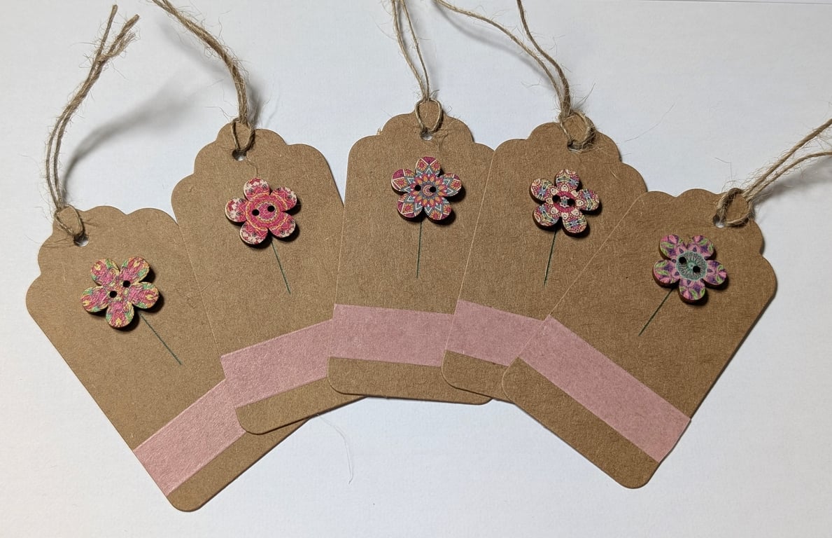 Homemade gift tags made with buttons in packs of 5 - flower buttons