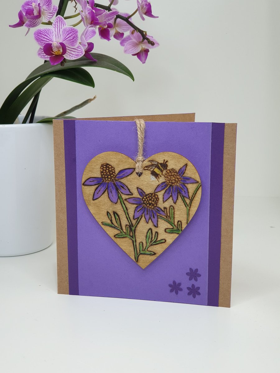 Card with pyrography wooden keepsake floral heart, any occasion greetings card