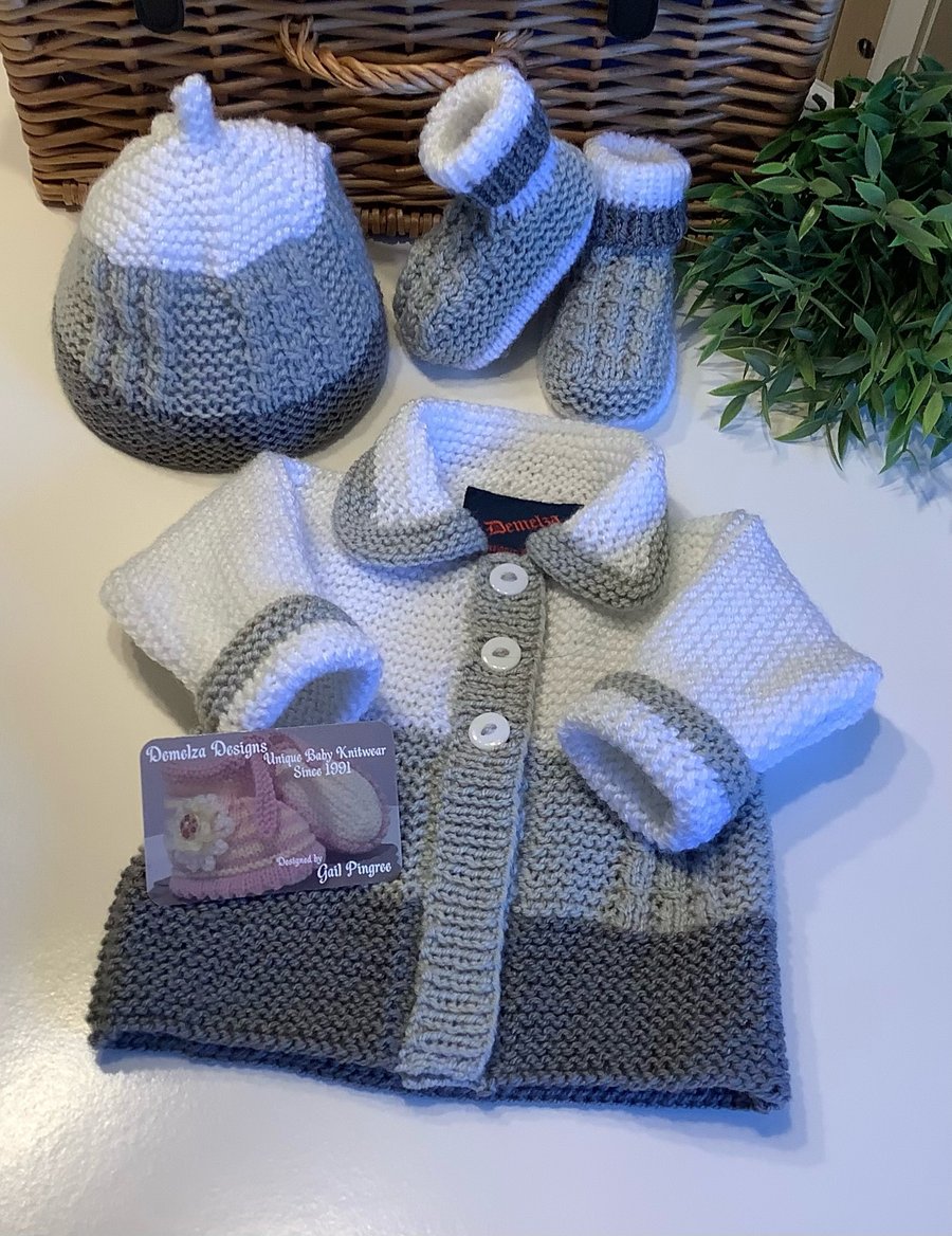 Hand Knitted Designer Baby Jacket, Booties & Hat Gift Set  0-6 months size