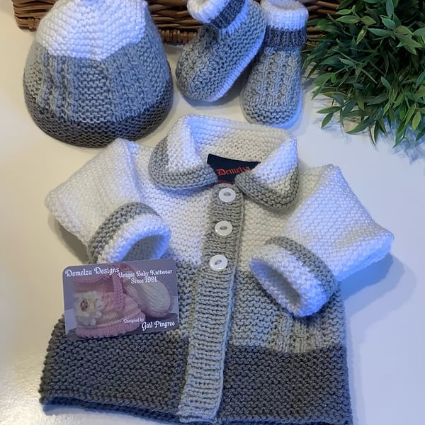 Hand Knitted Designer Baby Jacket, Booties & Hat Gift Set  0-6 months size