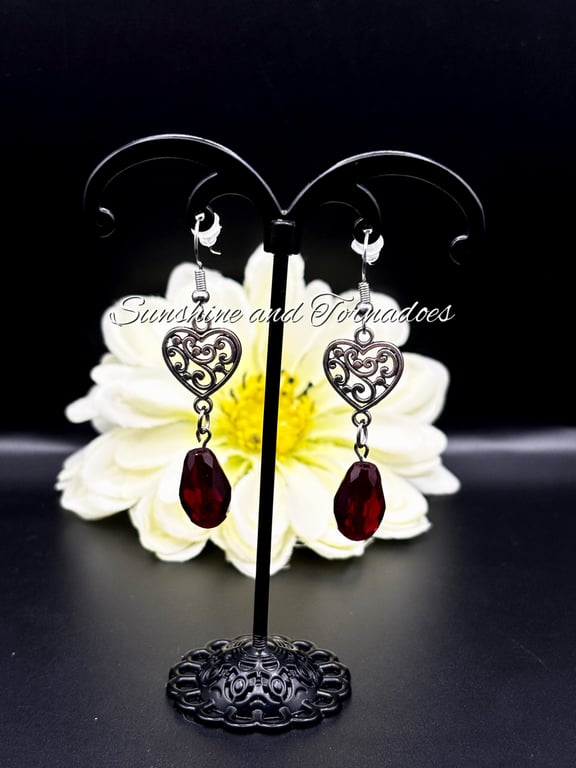 Gothic Celtic Style Heart Earring - Red Heart Earring - Handmade - Drop Earrings