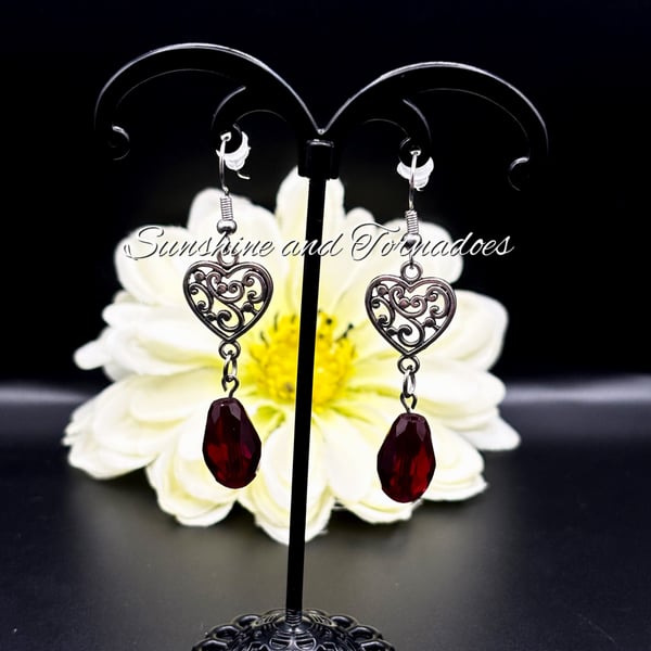 Gothic Celtic Style Heart Earring - Red Heart Earring - Handmade - Drop Earrings
