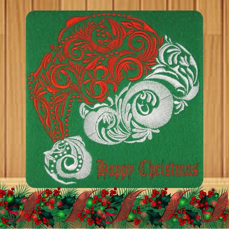 Handmade Textured Santa Hat Christmas card embroidered design