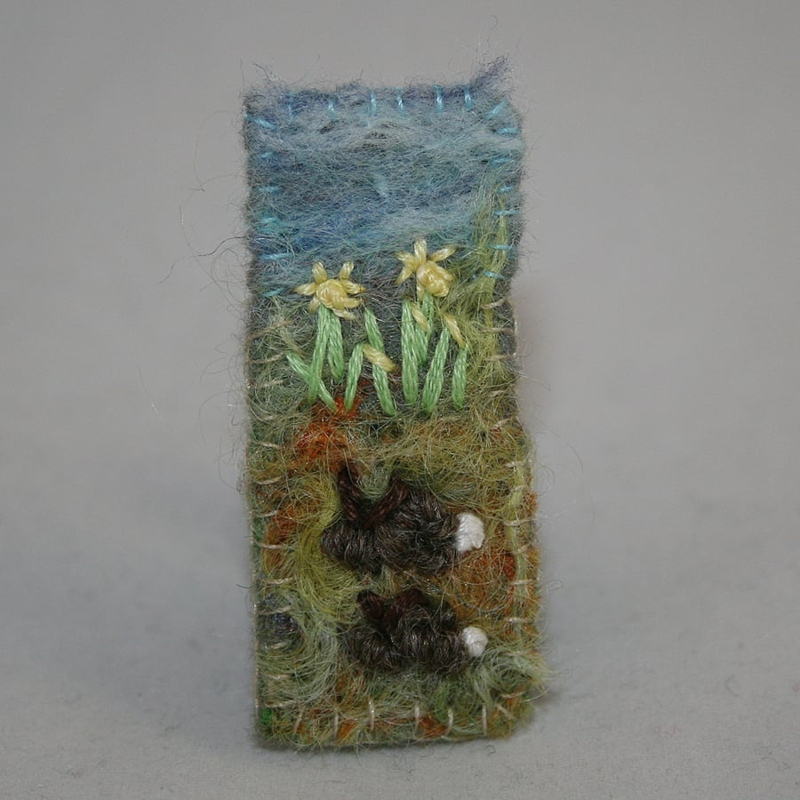 Daffodils and Rabbits - Embroidered and felted brooch