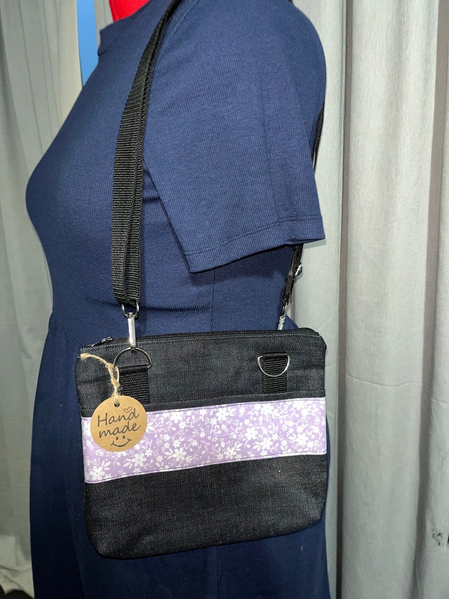 Denim and purple floral crossbody bag