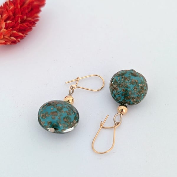 Light Teal Aventurine Murano Glass Earrings: Gold Filled Beads and Earwires