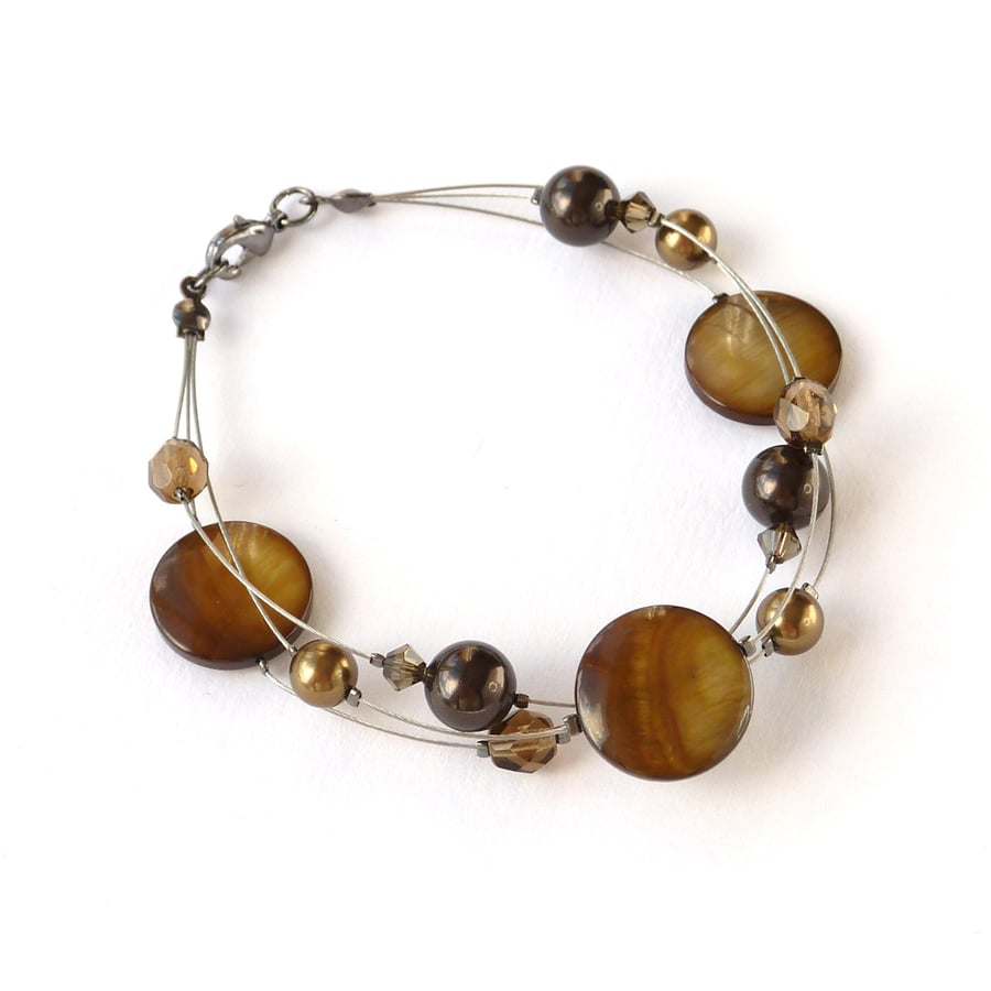 Golden Brown Floating Pearl Bracelet - Coffee Multi-strand Jewellery - Gifts