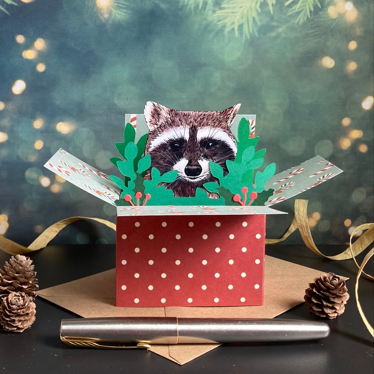 Raccoon Christmas Card. 3D box card. Personalised Christmas gift card holder.