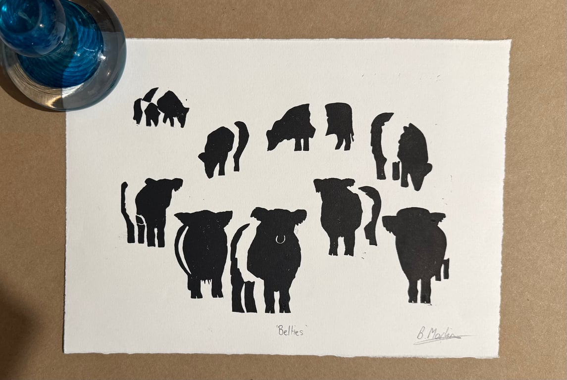 Perfectly Imperfect Belties: Hand-Burnished Lino Cut of Belted Galloway cattle