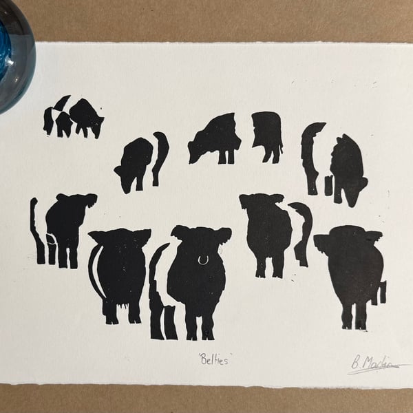 Perfectly Imperfect Belties: Hand-Burnished Lino Cut of Belted Galloway cattle