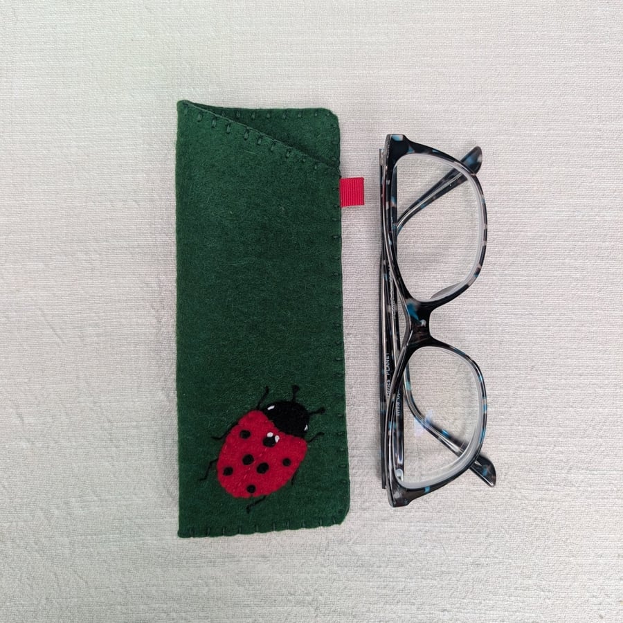 Ladybird Wool Felt Glasses Case - Hand embroidered Spectacle Pouch