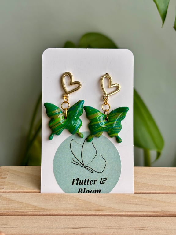 Green & Gold Marbled Butterfly Dangling Earrings 