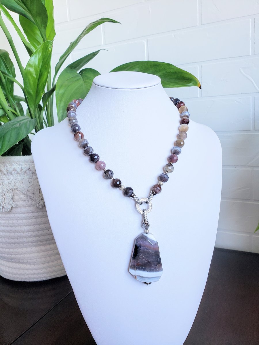 Gemstone Necklace Botswana Agate Necklace Natural  Agate Removable Charm