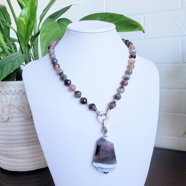 Gemstone Necklace Botswana Agate Necklace Natural  Agate Removable Charm