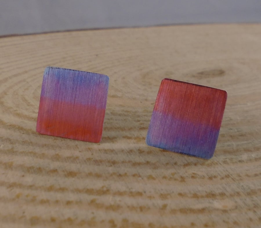 Anodised Aluminium Purple and Red Ombre Square Stud Earrings AAE072009