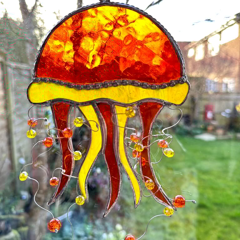 Stained Glass Jellyfish Suncatcher - Handmade Hanging Decoration - Orange