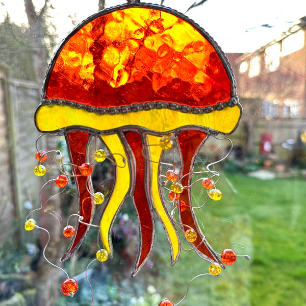 Stained Glass Jellyfish Suncatcher - Handmade Hanging Decoration - Orange