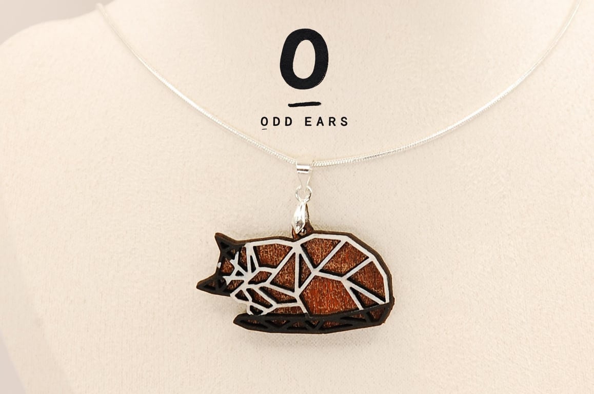 Geometric Wooden Sleeping Cat Pendant, Layered Wood Kitty Necklace, Stainless St