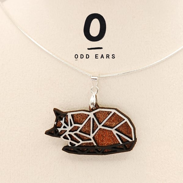 Geometric Wooden Sleeping Cat Pendant, Layered Wood Kitty Necklace, Stainless St
