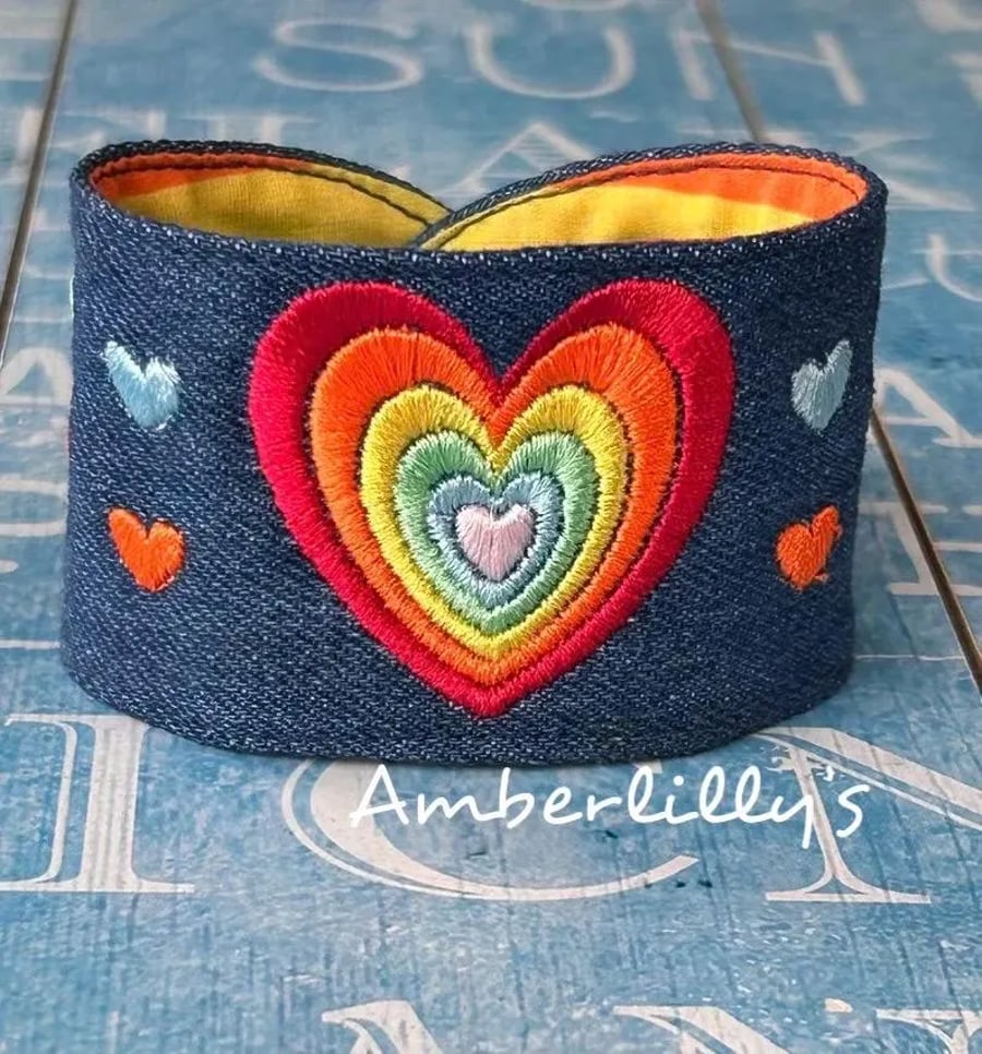 Embroidered Heart Denim Bracelet Colourful Cuff 