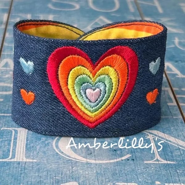 Embroidered Heart Denim Bracelet Colourful Cuff 