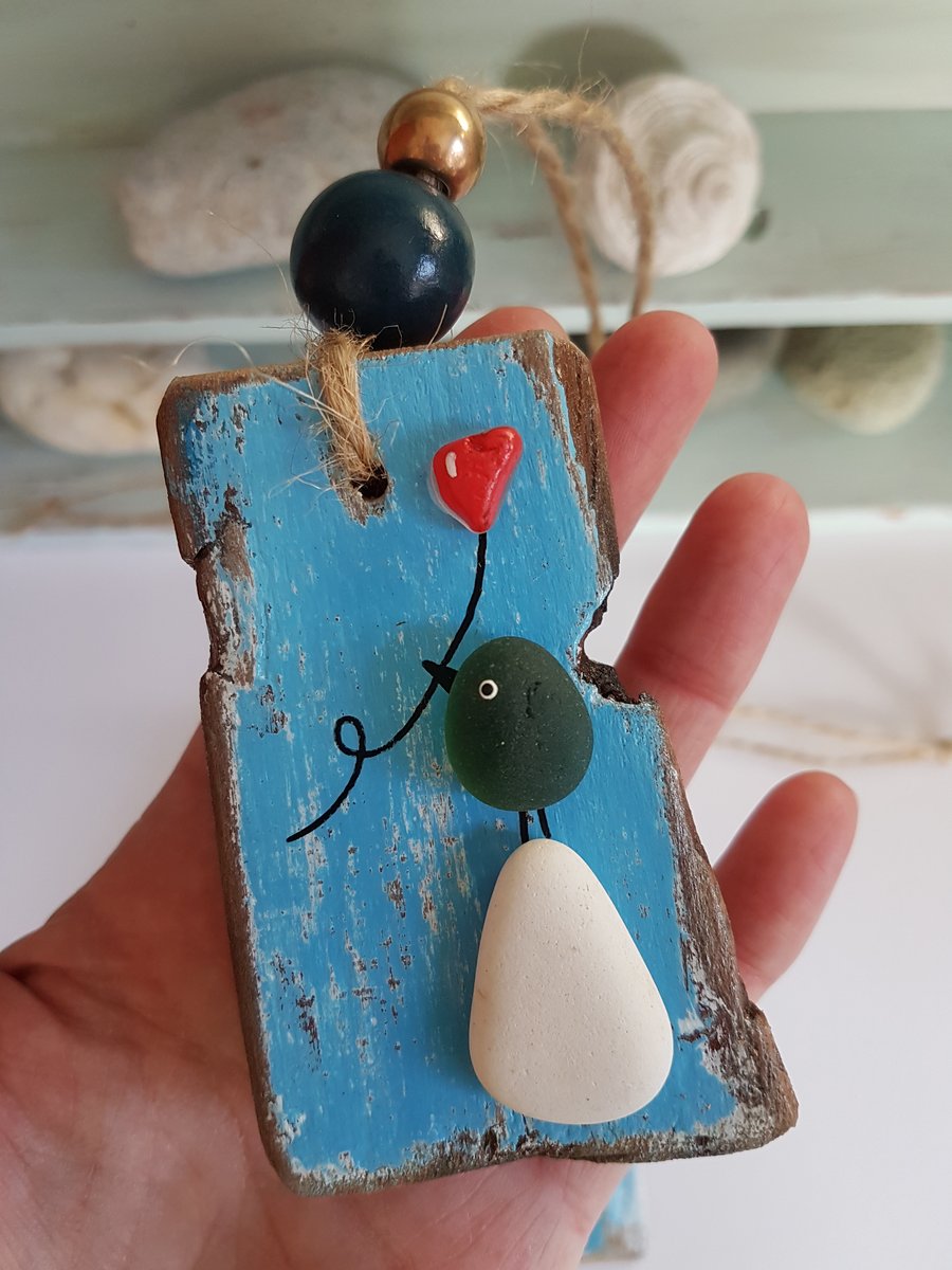 Driftwood and sea glass hanging decoration, valentine, bird with heart balloon
