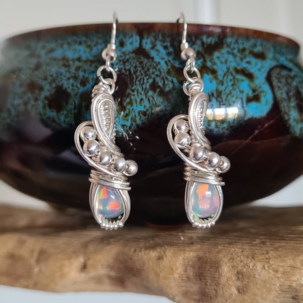 Handmade Natural Ethiopian Fire Opal & 925 Silver Dangle Earrings Jewellery