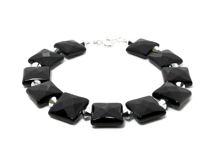 Faceted Black Onyx Squares Bracelet With Premium Silver Crystals