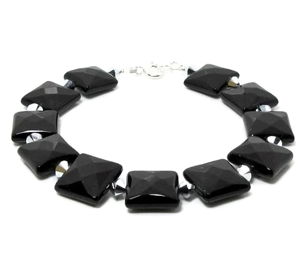 Faceted Black Onyx Squares Bracelet With Premium Silver Crystals