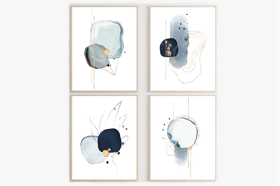 Abstract art wall prints, Modern art wall decor, blue and gold home decor 