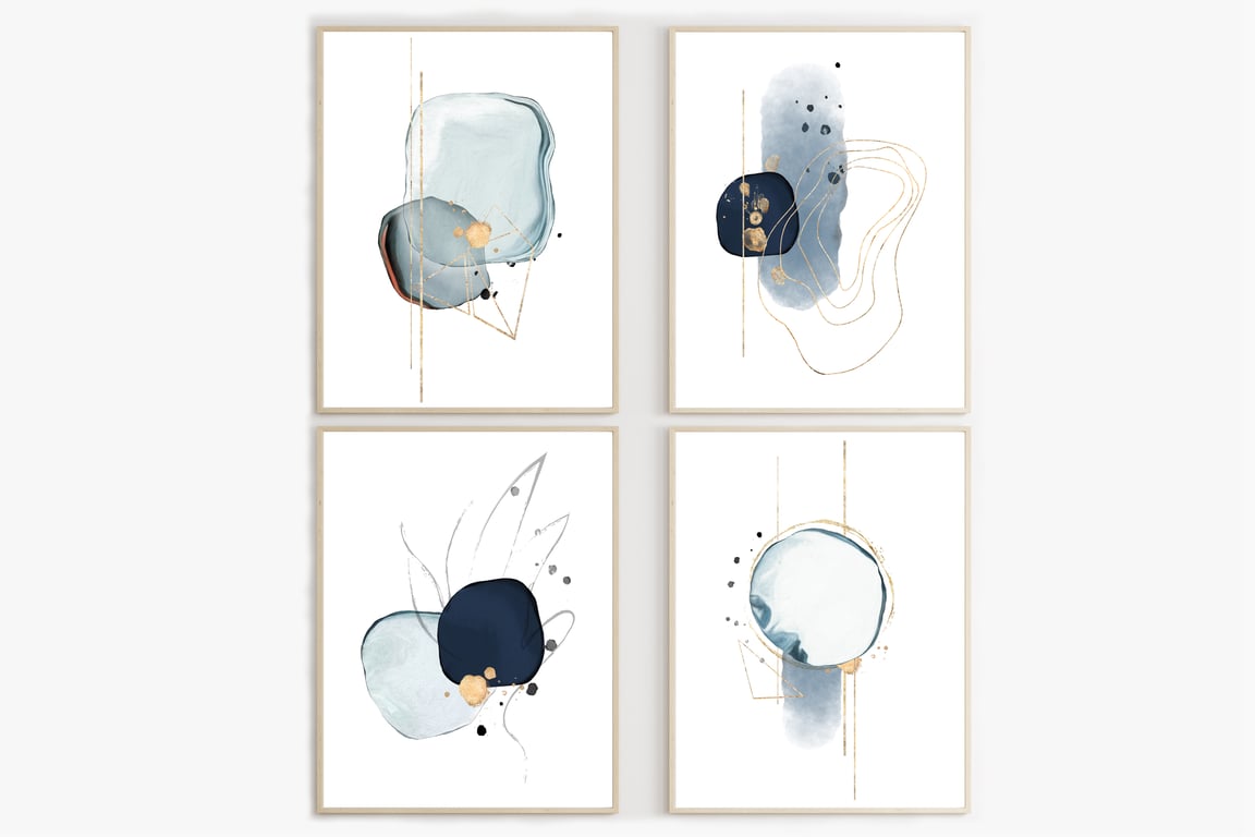 Abstract art wall prints, Modern art wall decor, blue and gold home decor 