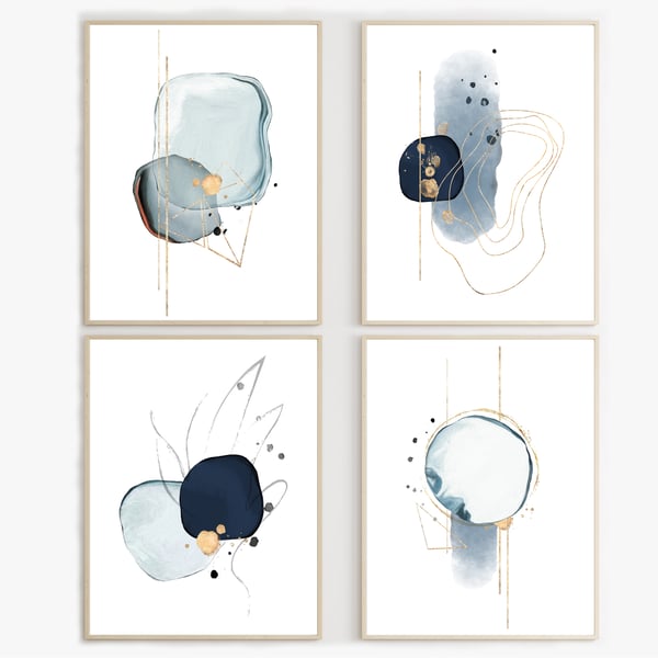 Abstract art wall prints, Modern art wall decor, blue and gold home decor 