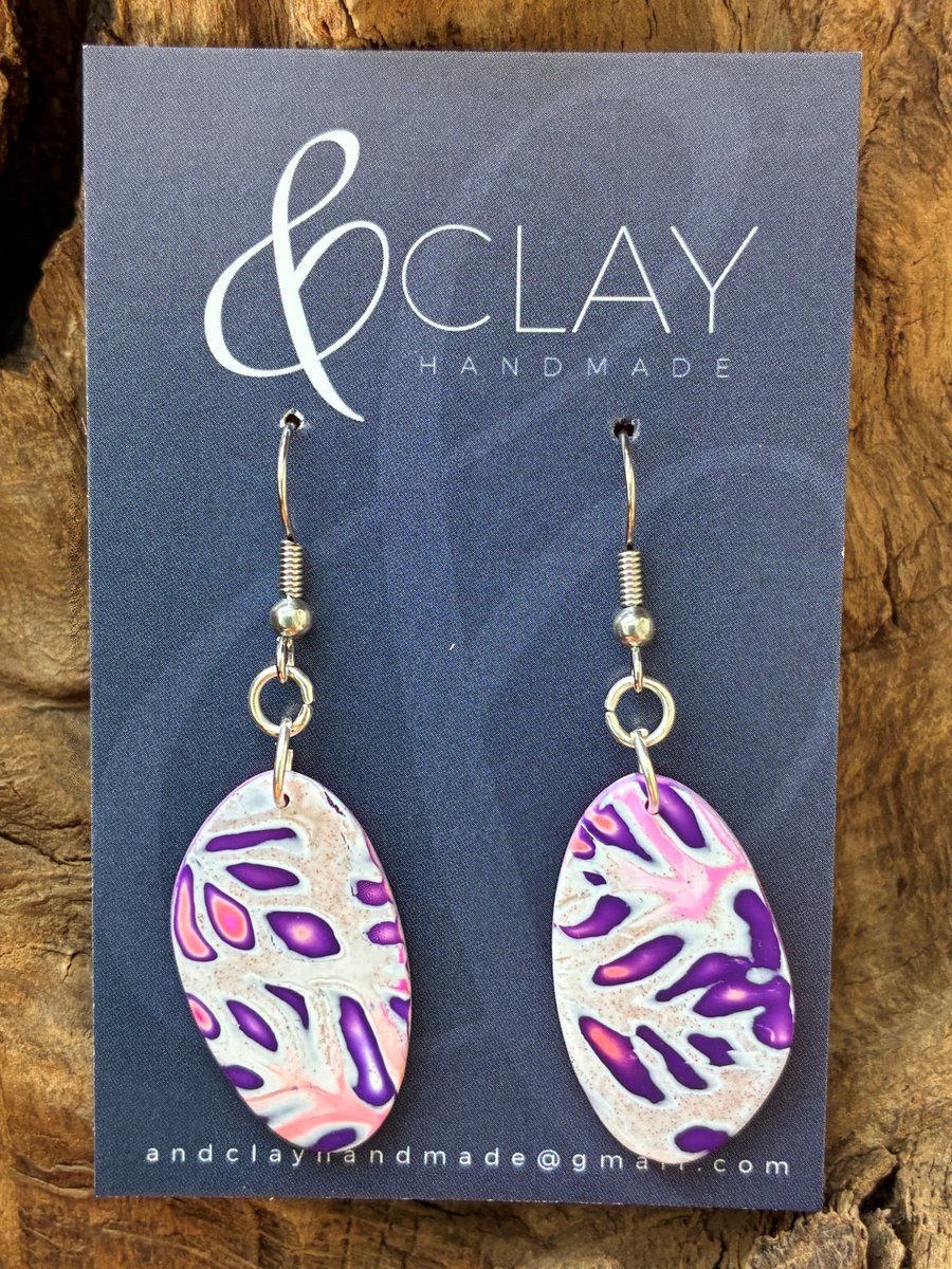 Asymetric Mokume Gane Pink, Purple and White Drop Earrings