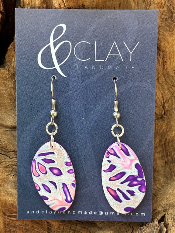 Asymetric Mokume Gane Pink, Purple and White Drop Earrings