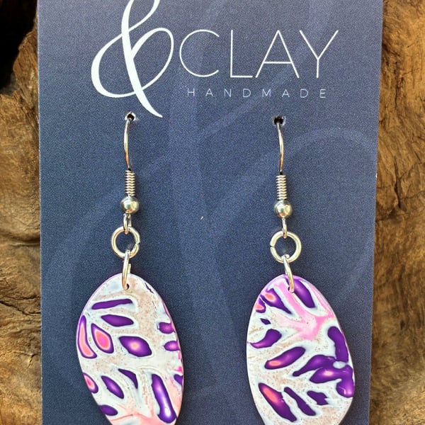 Asymetric Mokume Gane Pink, Purple and White Drop Earrings