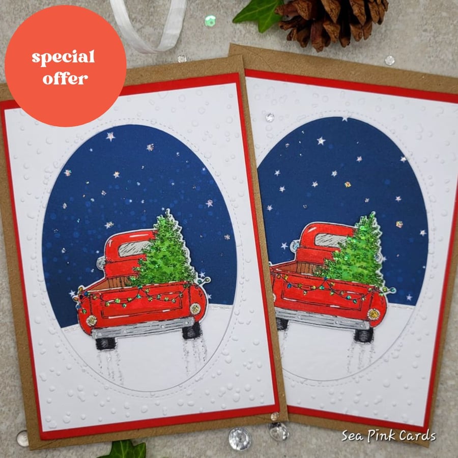 Christmas Cards - set of 2 - retro red truck card handmade