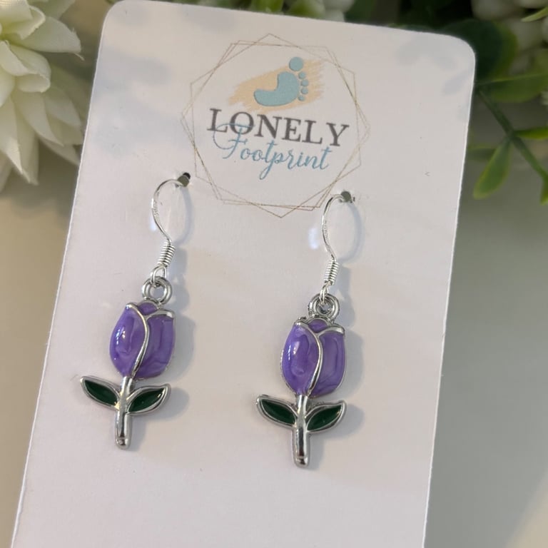 Purple Tulip Enamel Earrings, Floral Jewellery, Handmade Gift for Her