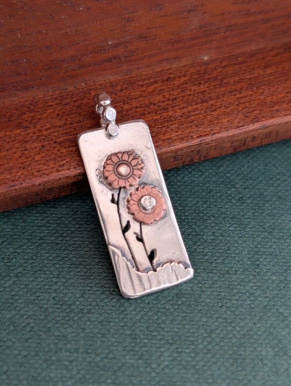 Perfectly Imperfect - Silver & Copper  Sunflower Pendant 