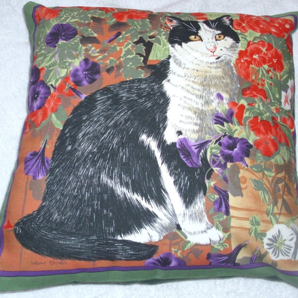 A lovely black and white cat in the garden cushion