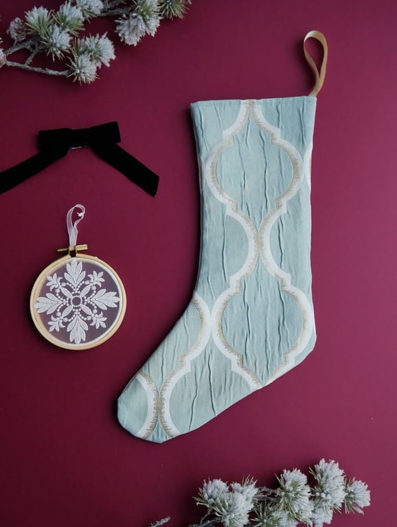 Medium Christmas Stocking in Duck Egg Blue with Gold and White Pattern