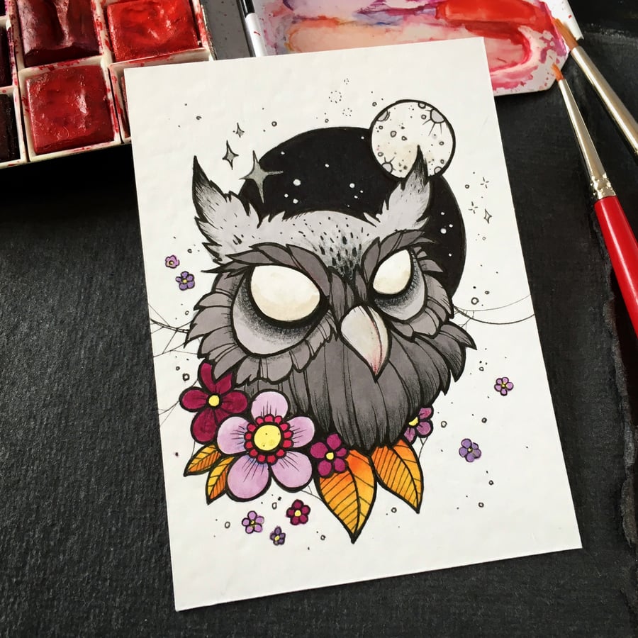 ominous owl - inktober - original aceo