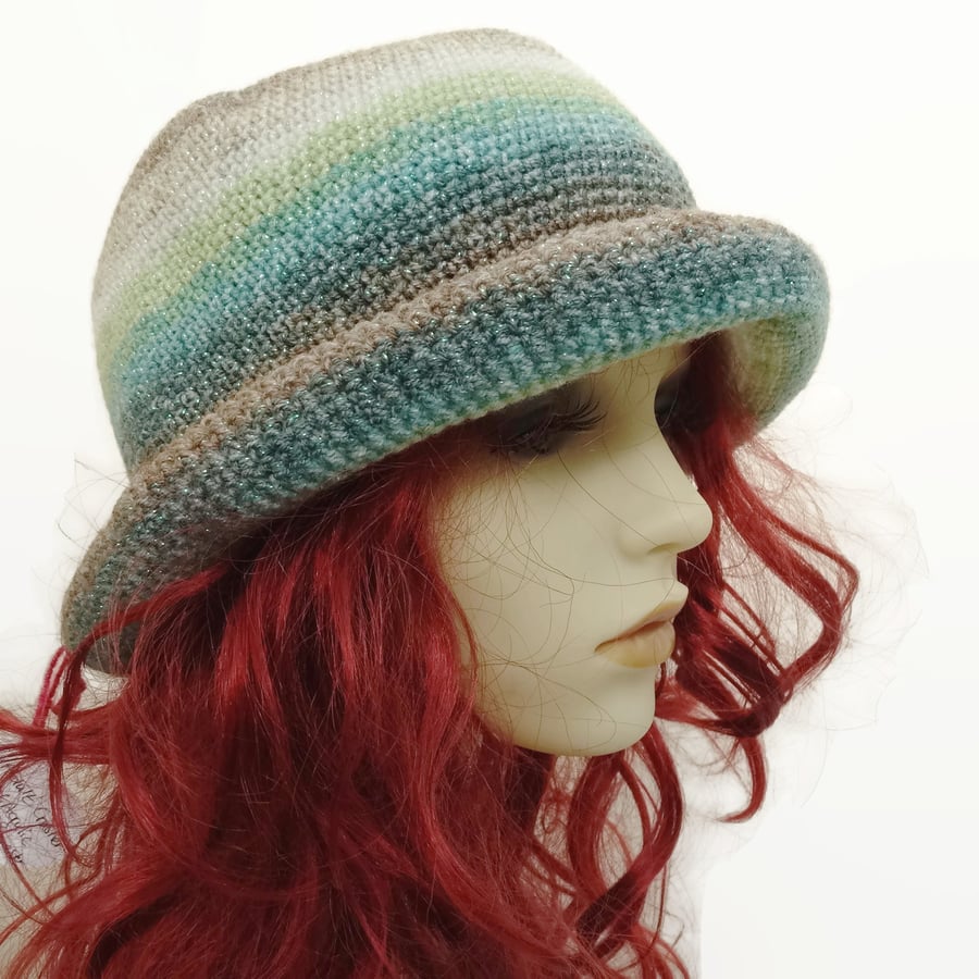 Adult Crochet Crusher Hat Green Brown Brimmed Hat