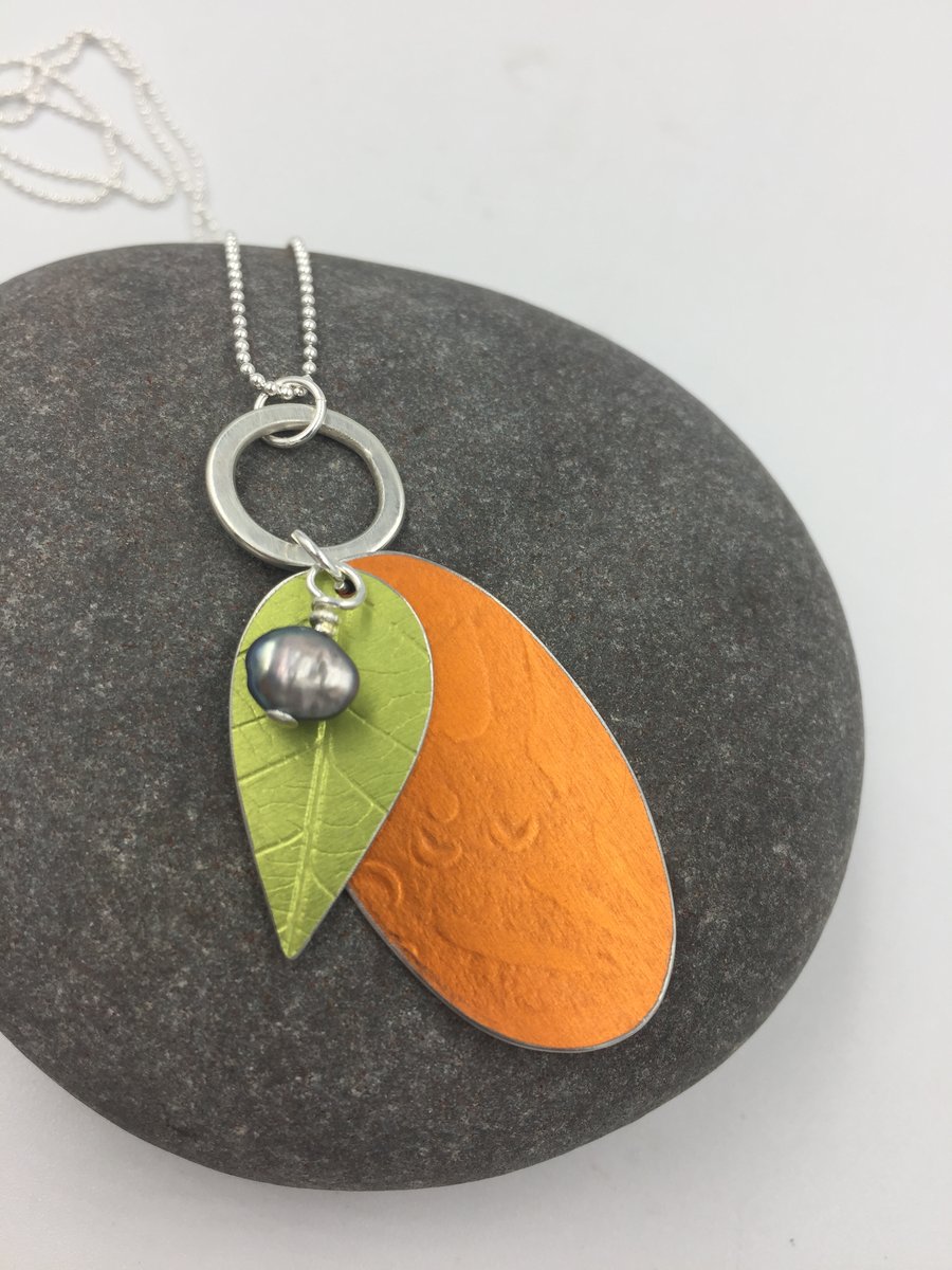 Layered anodised aluminium pendant with pearl and sterling - Abundance